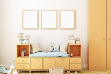 Three frame mockup in orange kids room 8x10