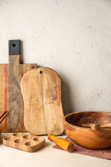 Wooden cooking utensils on white background