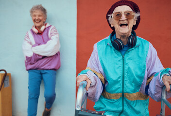 Hipster, senior women and friends smile, retro look and headphones for casual day, happy and...