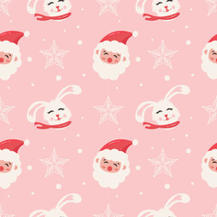 Trendy cute Happy New Year seamless pattern Merry Christmas  Cute design cute rabbit hare santa candy 2023 symbol repeat background