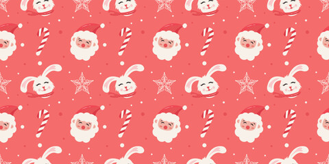 Trendy cute Happy New Year seamless pattern Merry Christmas Cute design cute rabbit hare santa candy cane 2023 symbol repeat background
