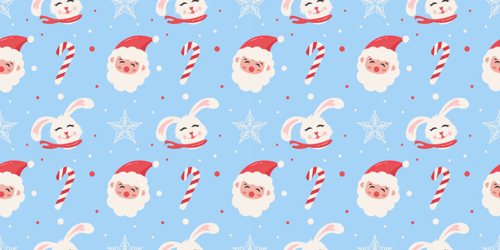 Trendy cute Happy New Year seamless pattern Merry Christmas  Cute design cute rabbit hare santa candy 2023 symbol repeat background