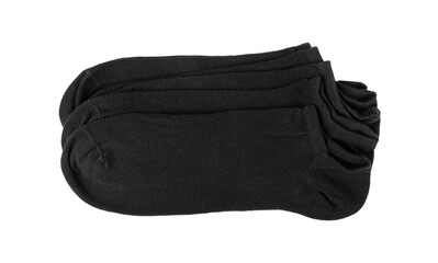 New Black Cotton Sock Isolated. Folded Sportswear, Classic Unisex Cotton Socks on White Background