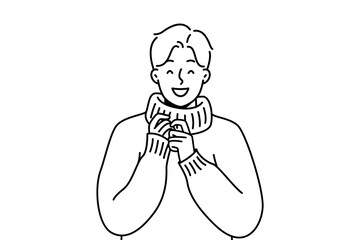 Portrait of smiling young man in knitwear. Happy millennial guy in fashionable knit sweater. Winter wear and fashion. Vector illustration. 