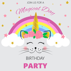 Birthday invitation with unicorn cat. Children's birthday invitation template. Cute unicorn cat. Vector illustration