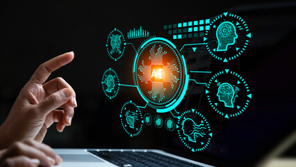 AI (Artificial Intelligence) Technology networks connecting wireless devices. AI technology is essential to business in the digital world. Futuristic virtual screen interface technology. .