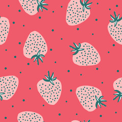 Simple berry pattern. light pink   strawberries and green dots.  pink background. Fashionable print for children's textiles and packaging.