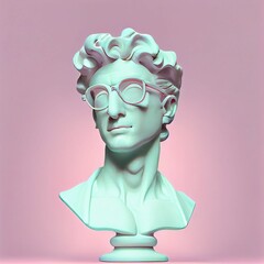 Hyperrealistische illustratie van een mannelijke sculptuur met bril tegen de roze achtergrond