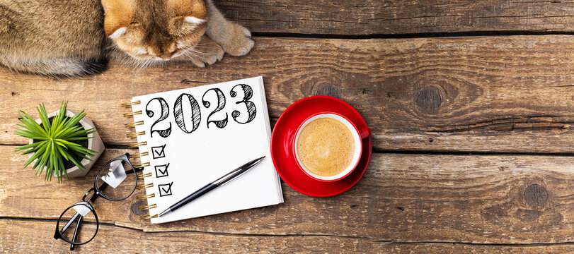 New year resolutions 2023 on desk. 2023 resolutions list with notebook, coffee cup, cute cat on table. Goals, resolutions, plan, cozy, hygge concept. New Year 2023 template, copy space