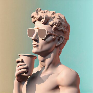 Hyper-realistic illustration of a male sculpture with glasses and a cup against the blue background
