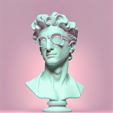 Hyper-realistic illustration of a male sculpture with glasses against the pink background