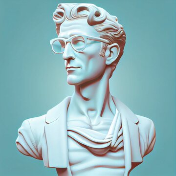 Hyper-realistic illustration of a male sculpture with glasses against the blue background