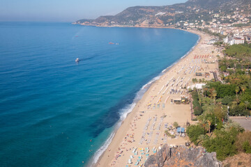 Mediterranean coast and Cleopatra beach in Alanya city, view from the cableroad cabin