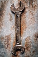 Alter Schraubenschlüssel auf alter verkratzter Metallplatte