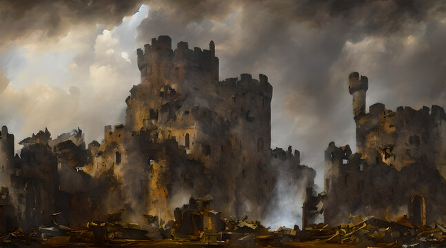 A concept art illustration of Crumbling Farum Azula. A location from Elden ring game. Levitating ruins of castle/fortress and colosseum spinning and flying around a huge tornado. Vortex and whirlwind