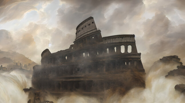 A concept art illustration of Crumbling Farum Azula. A location from Elden ring game. Levitating ruins of castle/fortress and colosseum spinning and flying around a huge tornado. Vortex and whirlwind