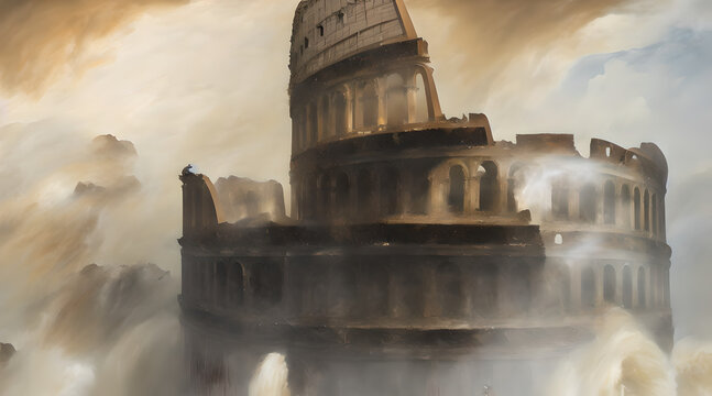 A concept art illustration of Crumbling Farum Azula. A location from Elden ring game. Levitating ruins of castle/fortress and colosseum spinning and flying around a huge tornado. Vortex and whirlwind