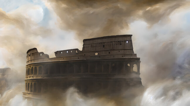 A concept art illustration of Crumbling Farum Azula. A location from Elden ring game. Levitating ruins of castle/fortress and colosseum spinning and flying around a huge tornado. Vortex and whirlwind