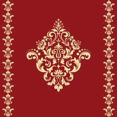 Damask graphic ornament. Floral design element. Gold and red vector pattern