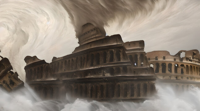 A concept art illustration of Crumbling Farum Azula. A location from Elden ring game. Levitating ruins of castle/fortress and colosseum spinning and flying around a huge tornado. Vortex and whirlwind
