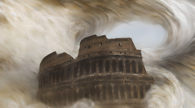 A concept art illustration of Crumbling Farum Azula. A location from Elden ring game. Levitating ruins of castle/fortress and colosseum spinning and flying around a huge tornado. Vortex and whirlwind