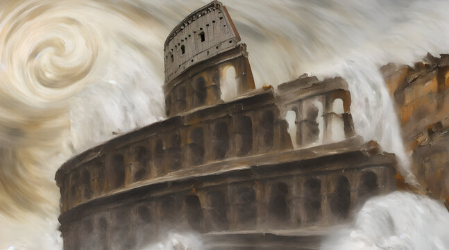 A concept art illustration of Crumbling Farum Azula. A location from Elden ring game. Levitating ruins of castle/fortress and colosseum spinning and flying around a huge tornado. Vortex and whirlwind