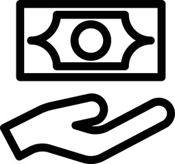 benefits hand money icon. Isolated vector black outline stamp label rounded badge product tag on transparent background. Symbol.