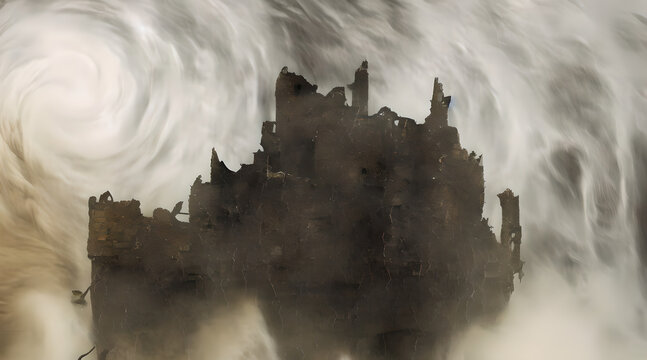 A concept art illustration of Crumbling Farum Azula. A location from Elden ring game. Levitating ruins of castle/fortress and colosseum spinning and flying around a huge tornado. Vortex and whirlwind