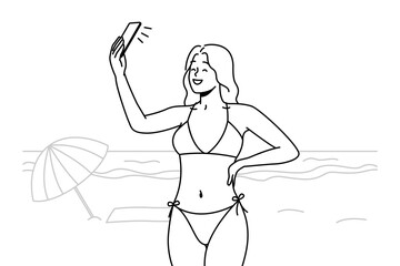 Smiling sexy young woman in bikini make self-portrait picture on cellphone on beach. Happy girl in swimsuit take selfie on smartphone on shore. Vector illustration. 