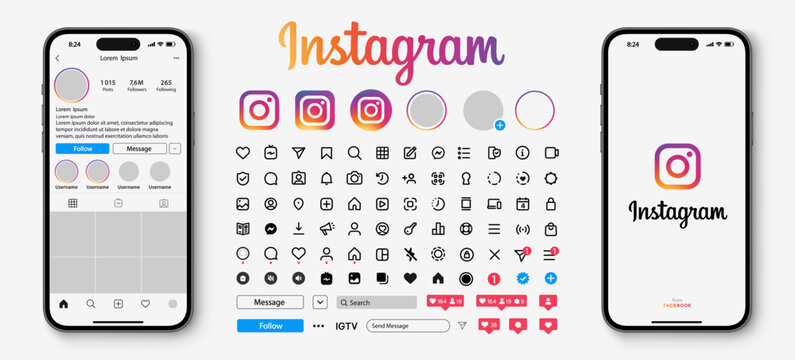 Instagram mockup set. Stories, liked, posts, photo, hashtag and subscribers. Mobile App interface template on Apple iPhone. Smartphone template for instagram app. Mockup - stock vector editorial.