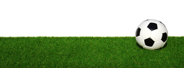 Soccer ball on green sports floor isolated on white