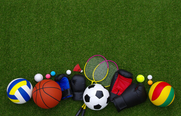 Sport games equipment - balls, boxing gloves, rackets