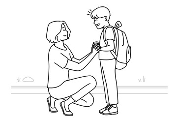 Fototapeta premium Smiling mother seeing small teen son with backpack to school. Happy caring mom get off excited boy child to kindergarten. Vector illustration. 
