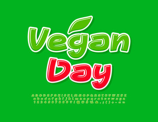 Vector creative poster Vegan Day with decorative Leaf. Green handwritten Font. Artistic Alphabet Letters, Numbers and Symbols set