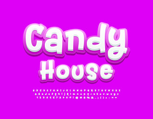 Vector bright sign Candy House. Modern handwritten Font. Funny Alphabet Letters and Numbers. 
