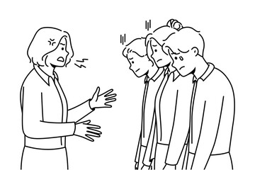Furious businesswoman scream and scold stressed employees at workplace. Angry authoritarian female boss shout and lecture unhappy workers. Vector illustration. 