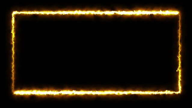 Seamless abstract burning of neon glowing ultraviolet lines. Looping rectangular animation frame on transparent background with alpha channel. The border design is a fire orange art style.
