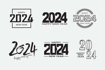 mega pack of 2024 Happy New Year logo text design. Vector illustration with black and red labels isolated on white background