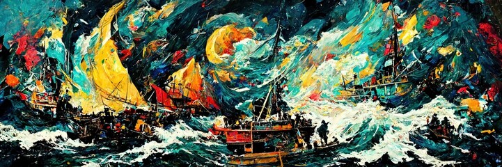 Fototapeta na wymiar Abstract ship painting, stormy ocean. Night. Fantasy scenery