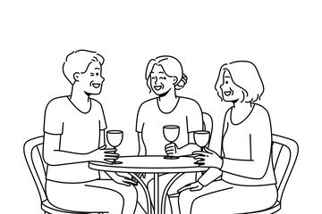 Smiling elderly people sit at table in restaurant drink wine laughing relaxing together. Joyful mature friends enjoy time in cafe. Happy maturity. Vector illustration. 