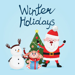 Cartoon Christmas illustration of bunny, Santa Claus, snowman and Christmas tree. For card, banner, poster, invitation, advertisements. Vector winter illustration.