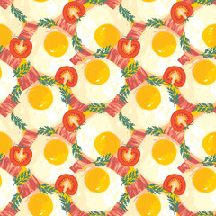 Appetizing seamless pattern with fried eggs, delicious bacon, dill and tomato. Vector background with tasty eggs for breakfast on an emerald backdrop. Suitable for wallpaper, wrapping paper, fabric