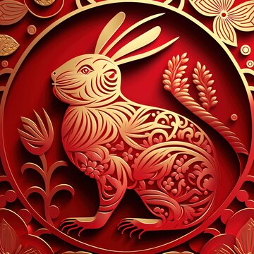 Hare decorated with flowers. Beautiful rabbit bunny. chinese new year lunar zodiac. Easter, Moon festival celebrations.
