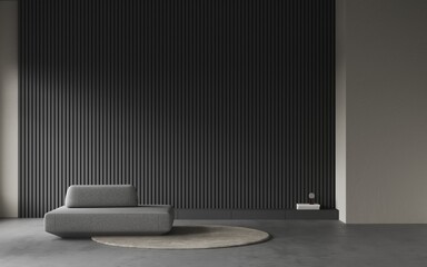 Aesthetic modern minimalist living room with a grey sofa. Decorative wall with black embossed panels, carpet on concret floor. Frame mockup