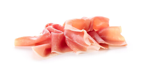 Heap of tasty sliced ham on white background