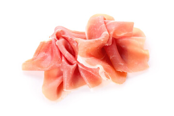 Heap of tasty sliced ham on white background