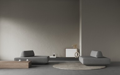 Aesthetic modern minimalist living room with a grey sofa, wooden coffee table. Frame mockup