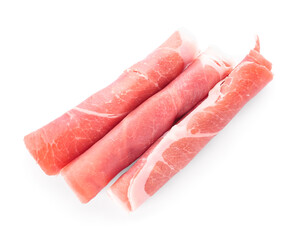 Rolled slices of tasty ham isolated on white background