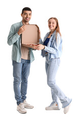Fototapeta premium Happy young couple with fresh pizza on white background
