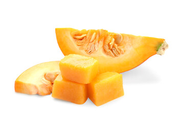 Frozen pumpkin puree cubes and fresh pumpkin isolated on white